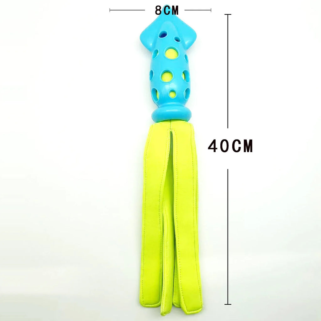 Blue cuttlefish-shaped squeaky chew toy for dogs measuring approximately 39 centimetres