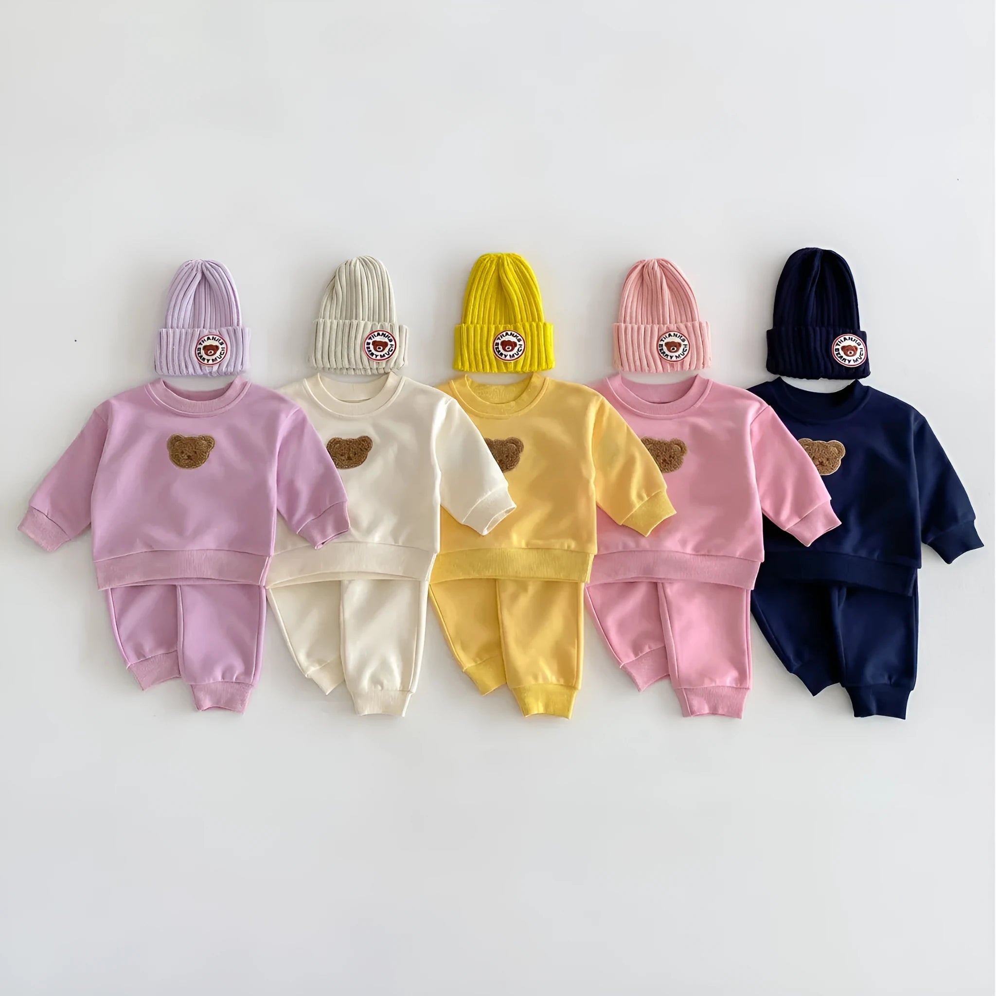 Long sleeve bear pullover sweater suit set in light beige for children 73-110cm cotton cartoon pattern