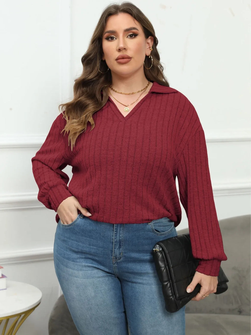 Women's plus size polo collar fleece shirt with lantern sleeves in melange gray