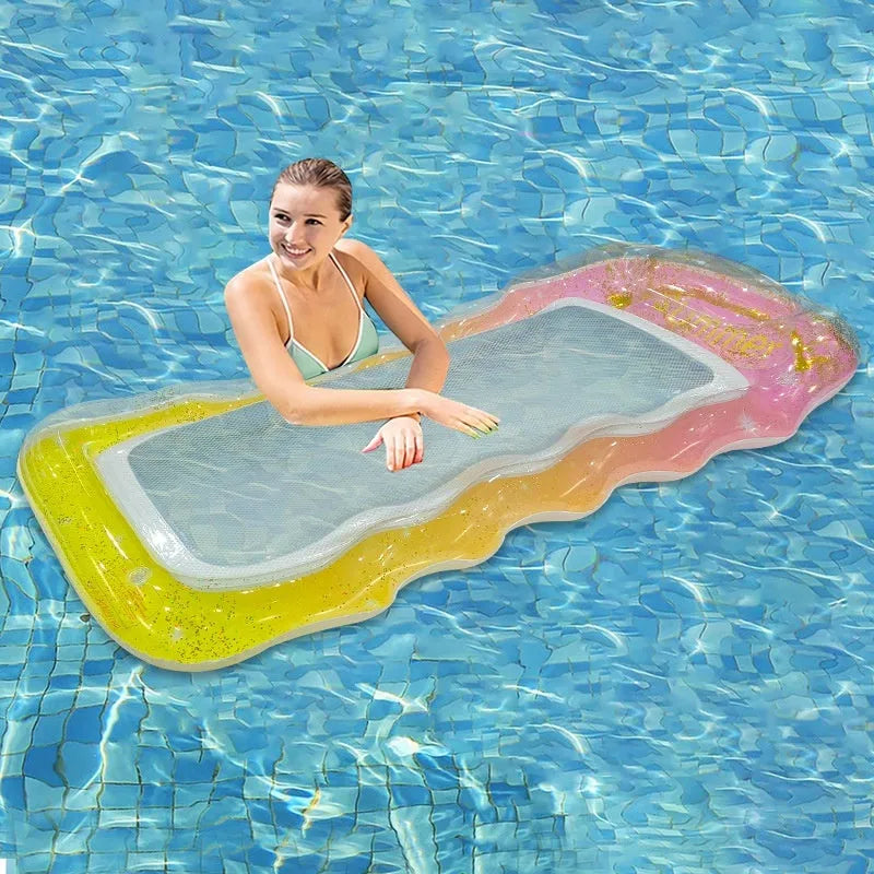 PVC inflatable floating row pool lounger in gradient blue-purple sequined design on water