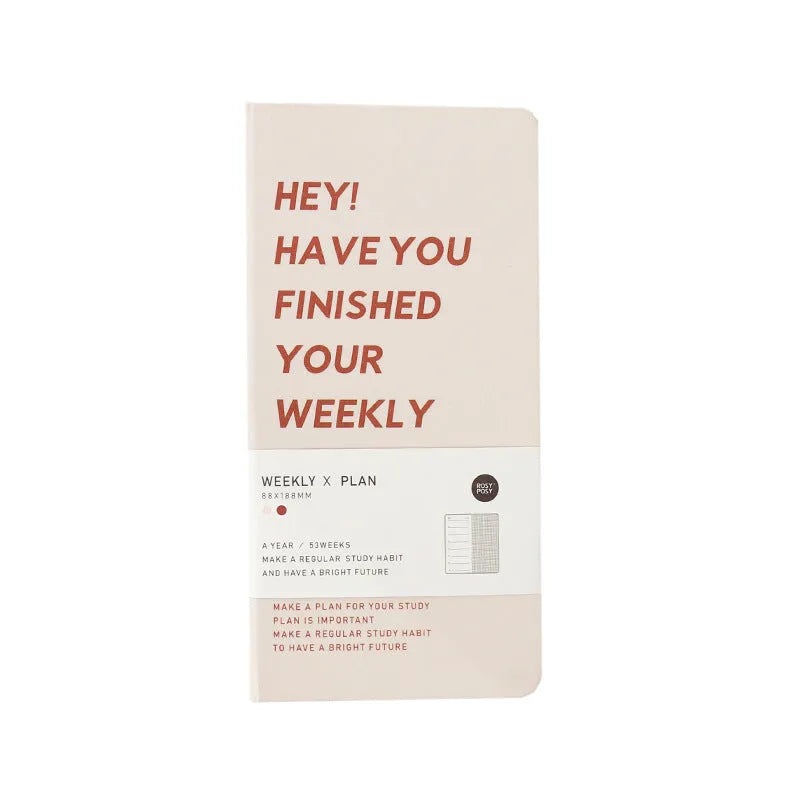 Weekly plan diary handbook showing colour options: blue, brown, green, purple with 100-page internal paper section