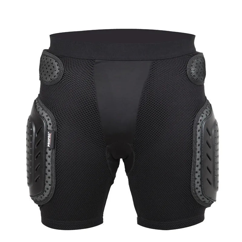 Black cycling protective pants with hip pads in sizes S, M, L, XL.