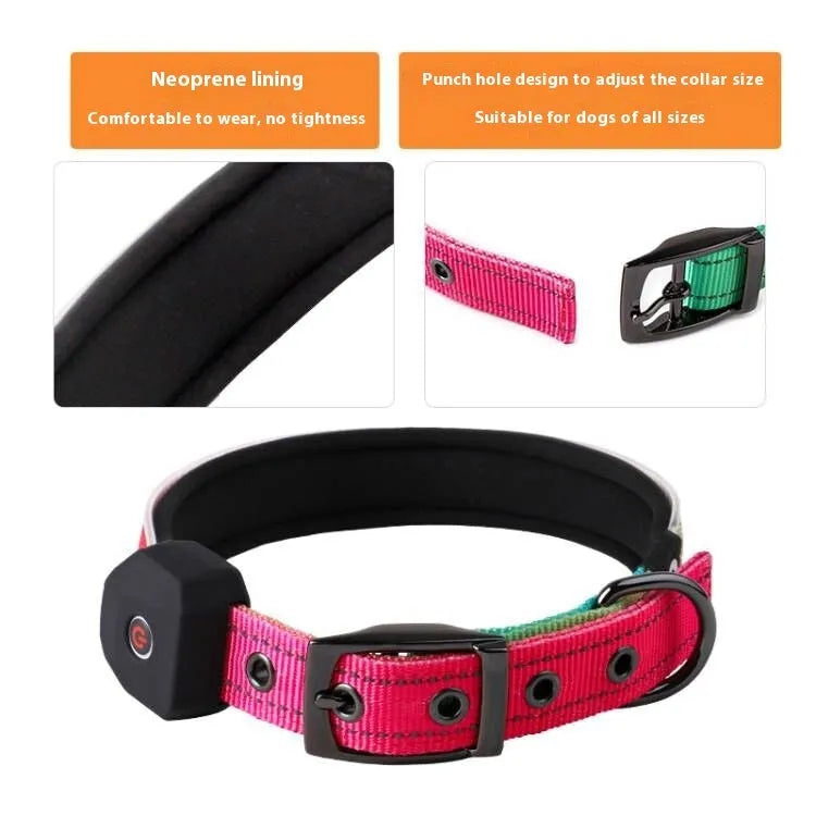 Blue and green plaid LED luminous dog collar with reflective stripes, shown with USB charging cable.