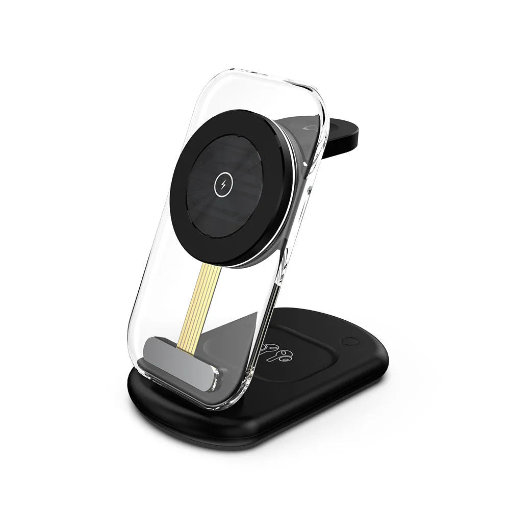 Transparent folding magnetic wireless fast charger in black on a table.