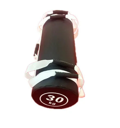 Flat white PVC fitness sandbag for weight lifting and strength training, shown with weight options.