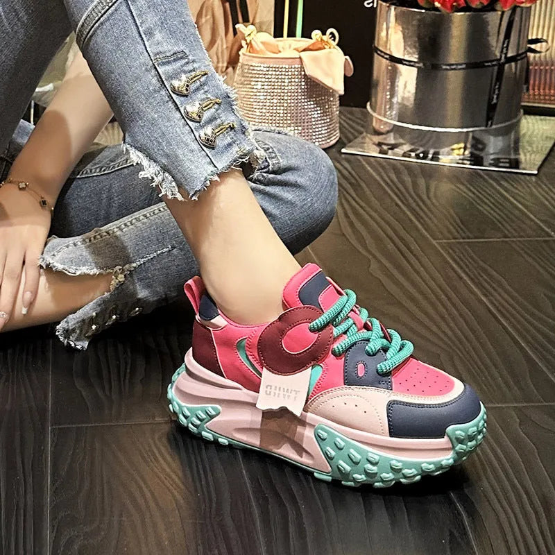 Leather thick-sole wedge heel casual shoes in a choice of colours with front lace-up fastening.