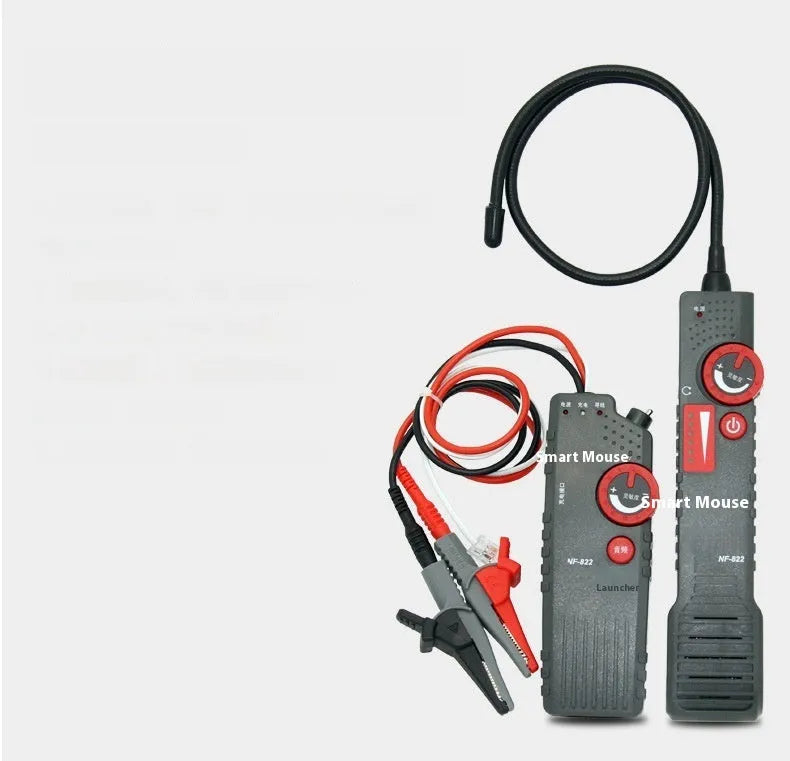 Buried wire cable tester line finder kit with transmitter, receiver, and accessories on a grey background