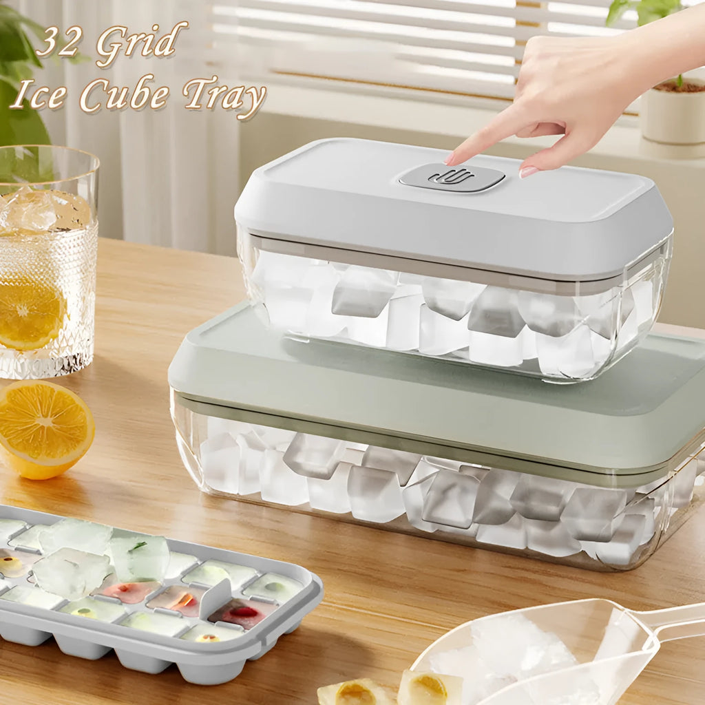 32 grid plastic ice cube tray with lid, storage box, and spatula in corn yellow colour