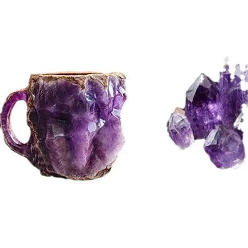 Purple resin coffee mug with handle showing crystal-like transparency on a table.