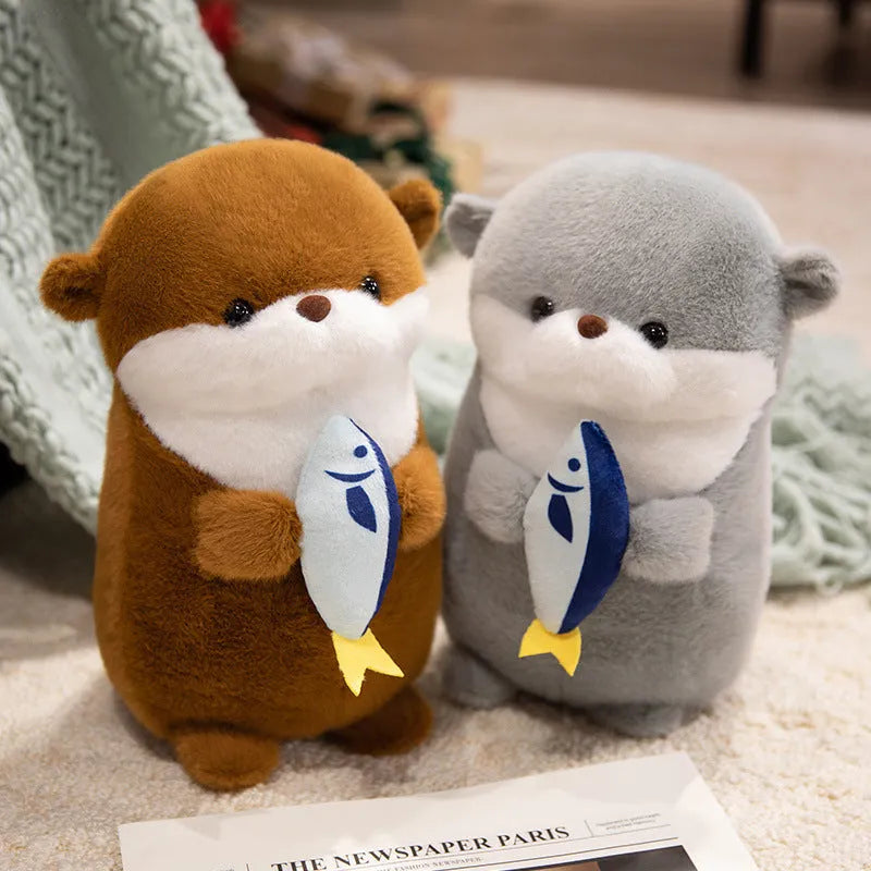 Small otter plush doll holding a fish in short plush fabric, available in brown and gray, 30cm or 40cm height