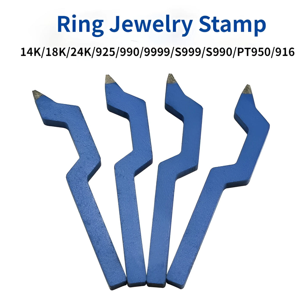 Curved character gold-coloured steel stamping tool for jewellery marking on rings and bracelets