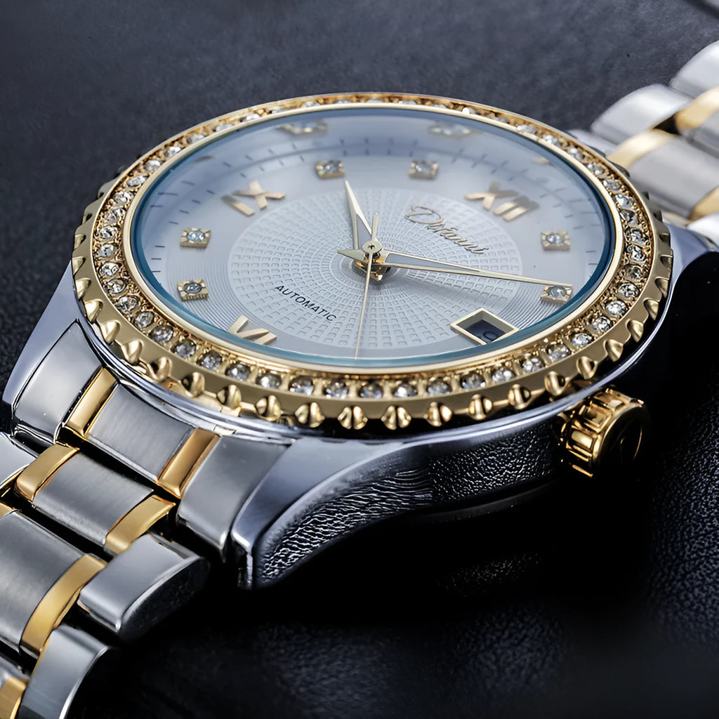 Fashionmonger gold and silver automatic mechanical watch with luminous hands on a black or white dial.