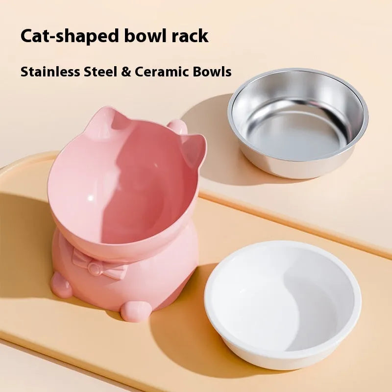 Stainless steel cat bowl with an angled anti-spill base in blue.