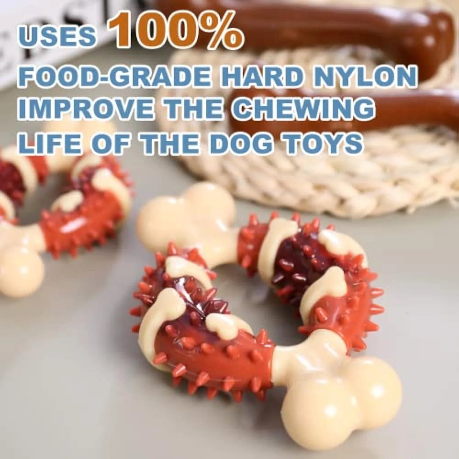 Natural rubber bone-shaped dog chew toy for dental health.