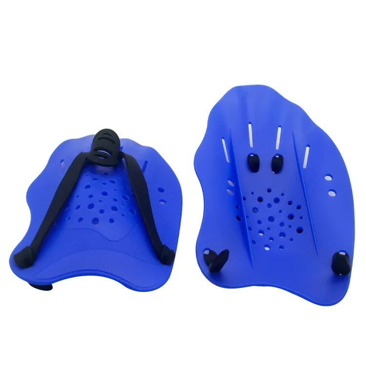 A pair of webbed swimming training hand paddles for freestyle stroke development, shown in various colours.