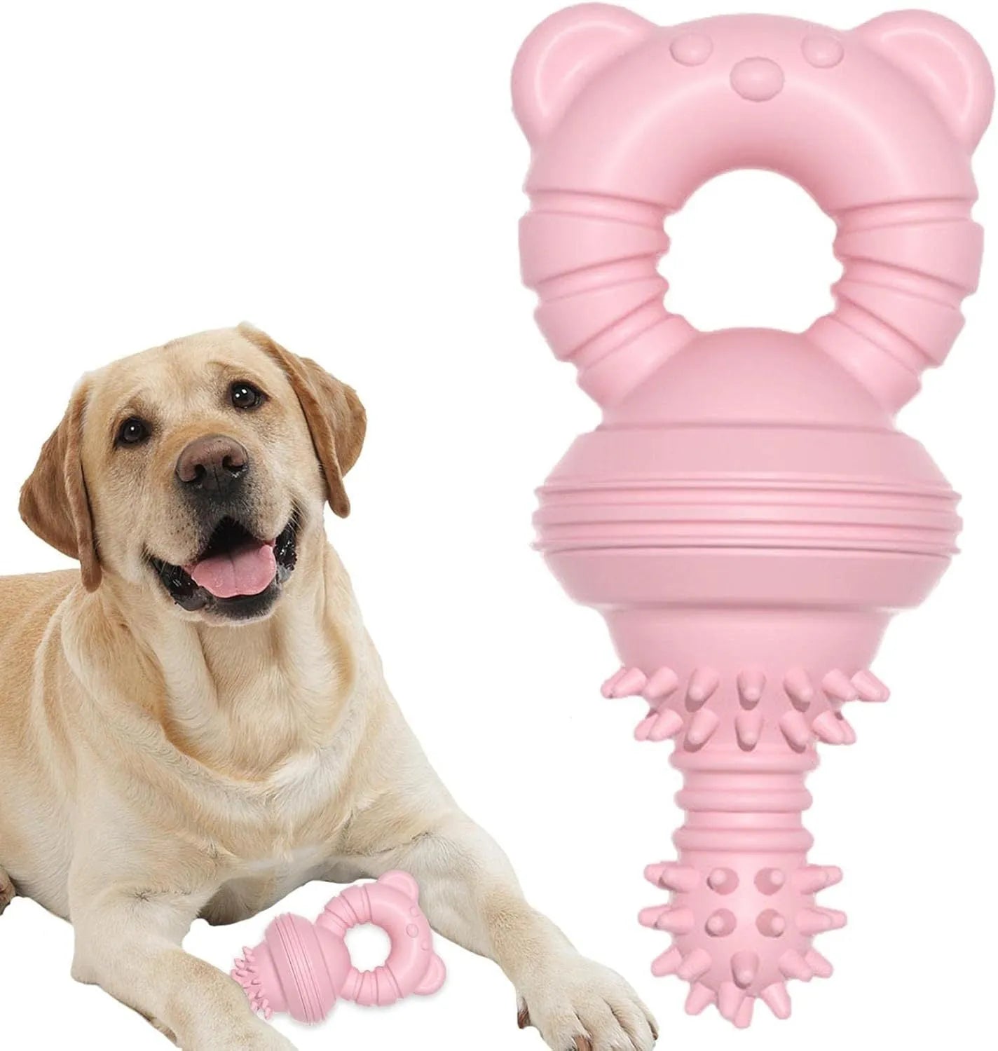 Blue molar-shaped rubber dog chew toy with textured surface for aggressive chewers