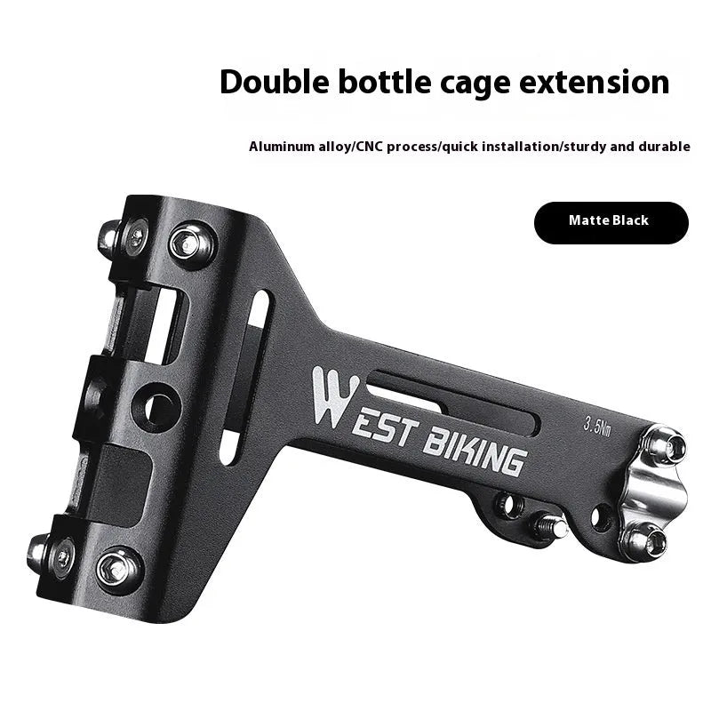 Bicycle double water bottle cage extension bracket in black aluminium alloy and stainless steel with adjustable angle
