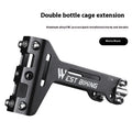 Bicycle double water bottle cage extension bracket in black aluminium alloy and stainless steel with adjustable angle
