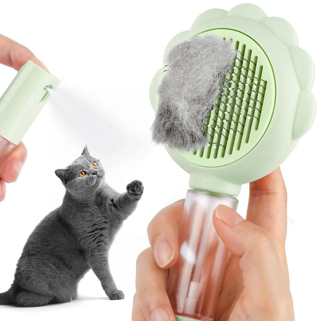 Spray cat brush with release button in grey, green or pink colours for pet grooming