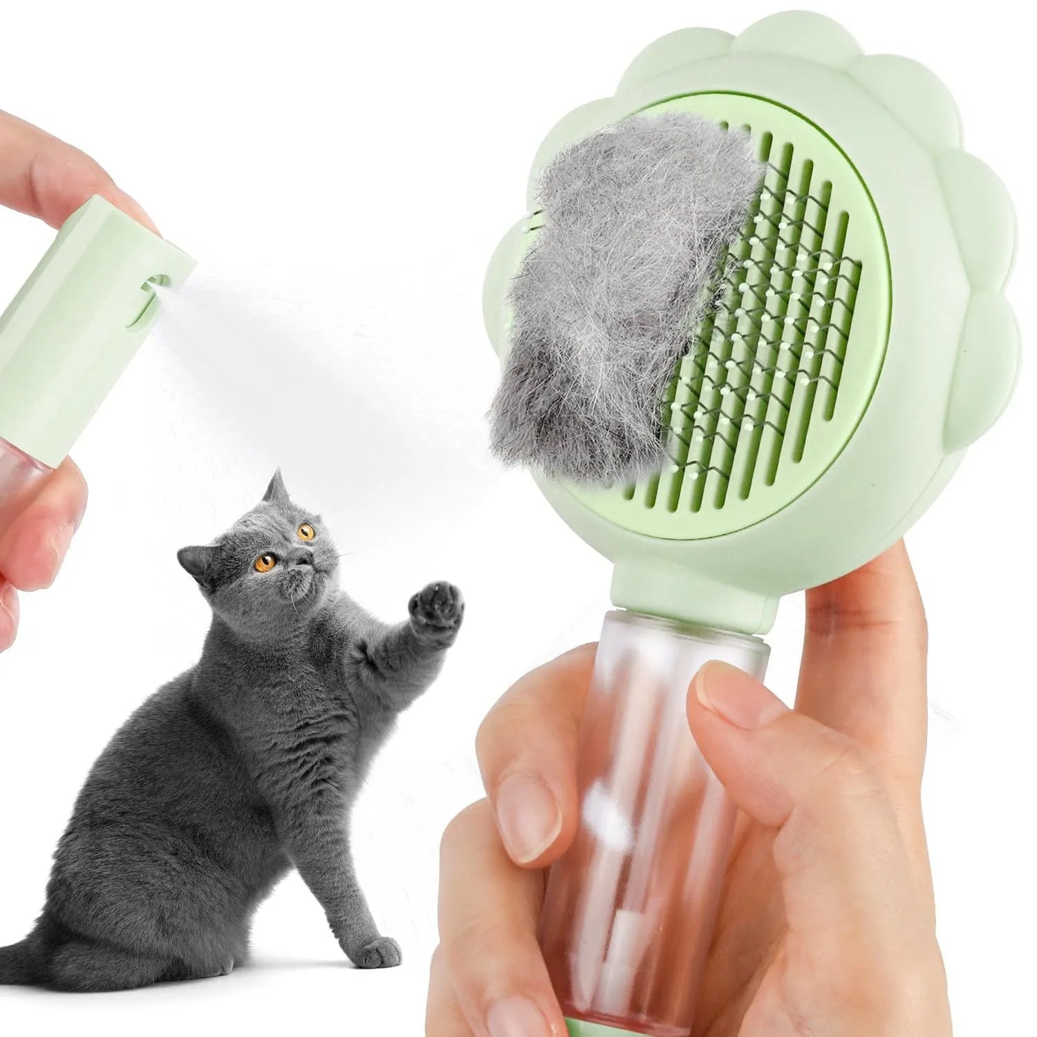 Spray cat brush with release button in grey, green or pink colours for pet grooming