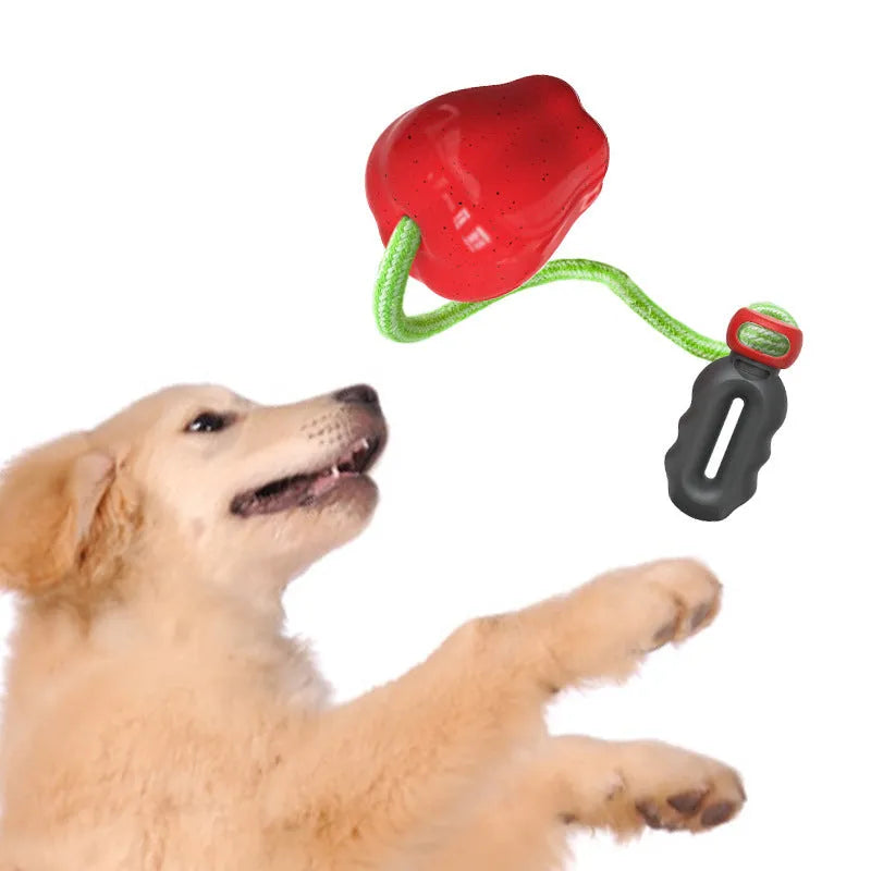 Green apple-shaped plastic dog toy with textured surface and food-dispensing opening