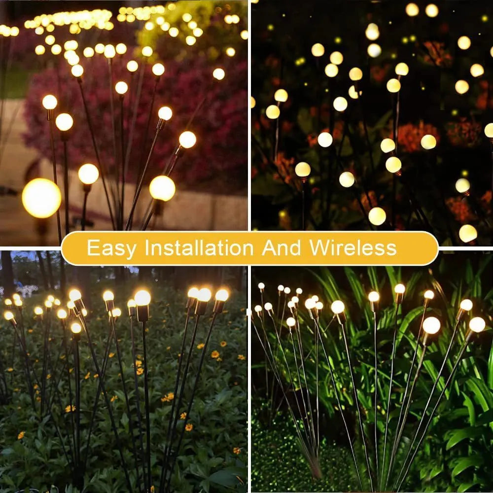 Solar-powered LED firefly garden light with multiple heads and a ground stake.