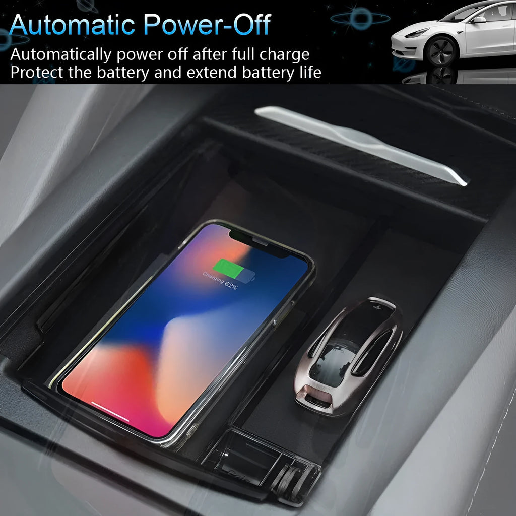 Black wireless charging storage box with Qi compatibility and ABS construction