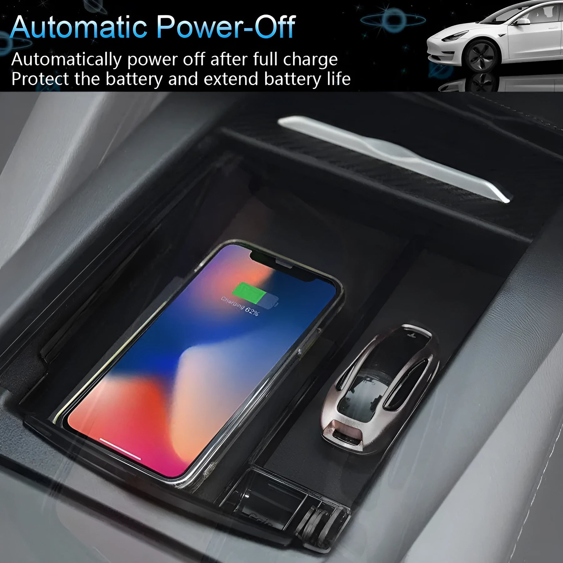 Black wireless charging storage box with Qi compatibility and ABS construction