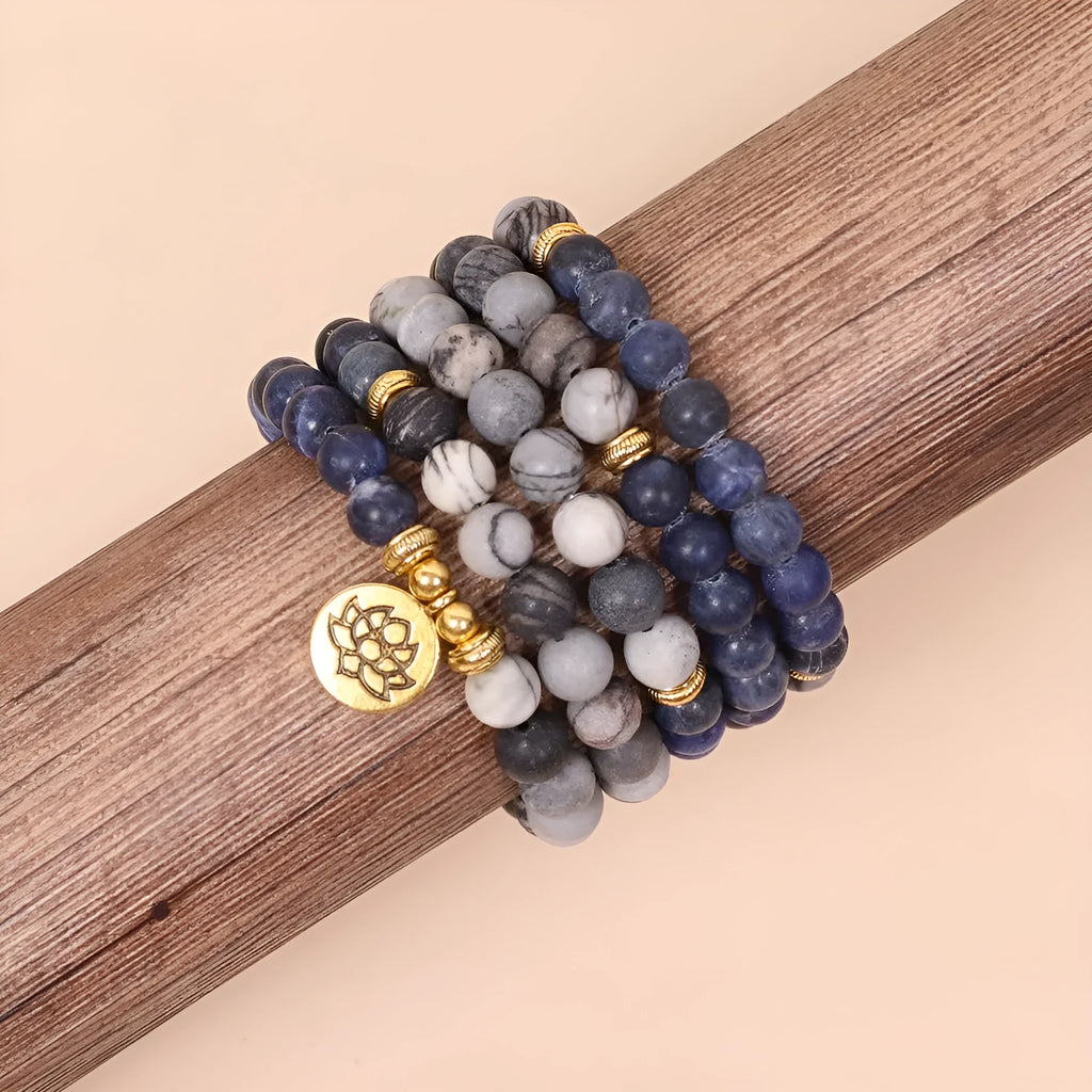 Blue patterned network stone bead multi-layer bracelet with alloy construction and adjustable chain