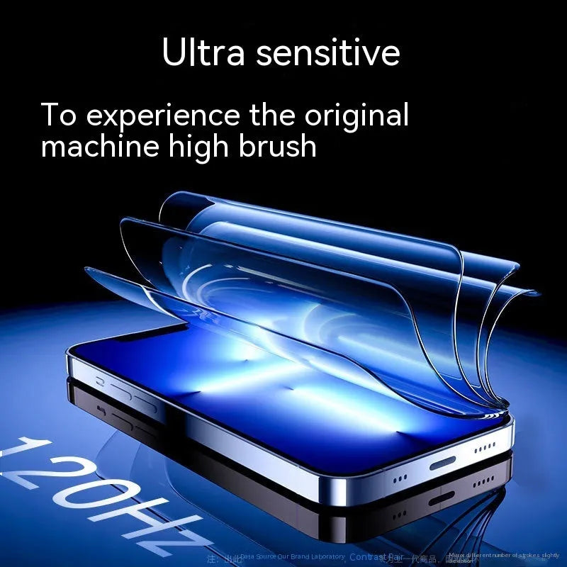 iPhone tempered glass screen protector with dust-free application kit on a table.