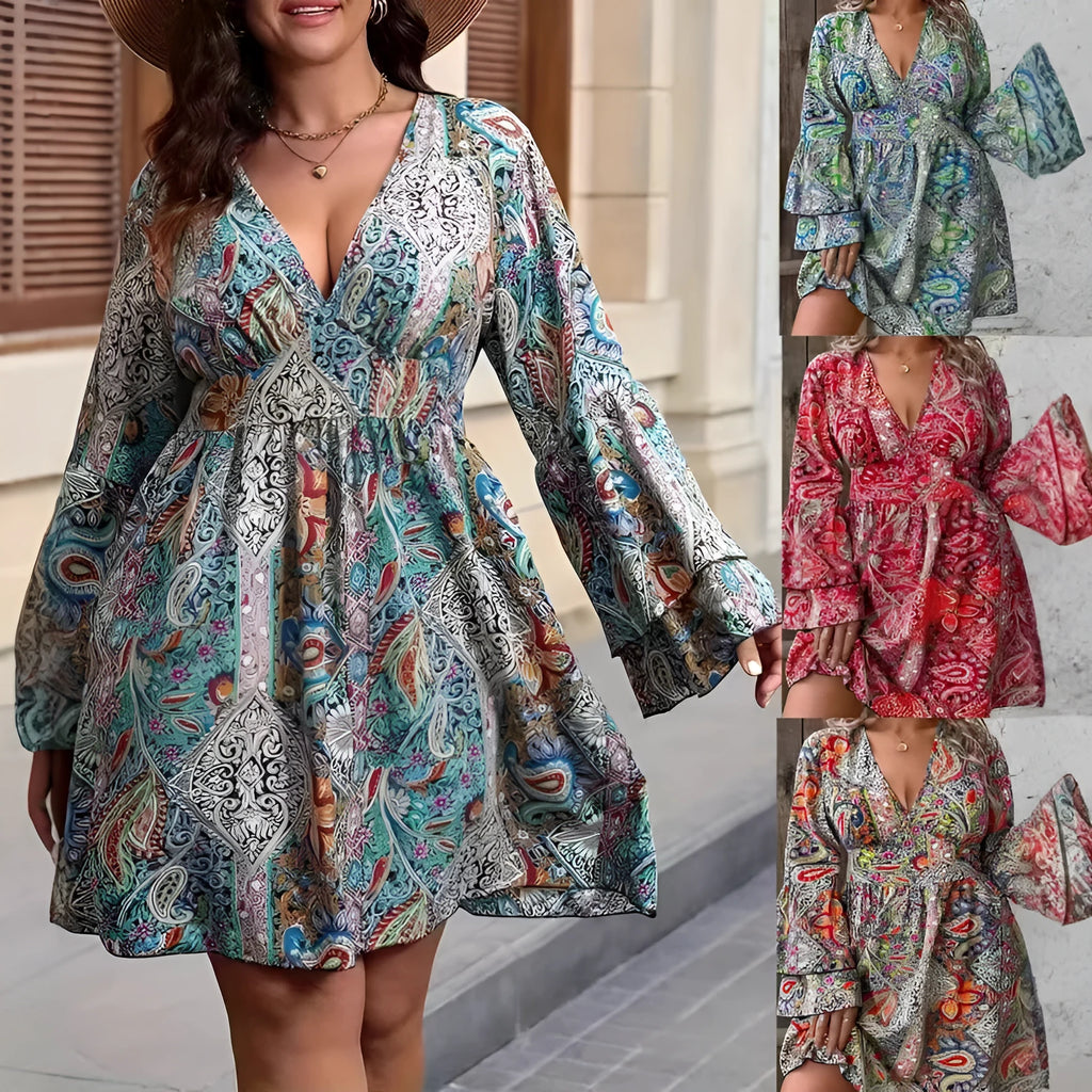 Women's plus size printed V-neck dress with bell sleeves and an A-line skirt in a bohemian style.