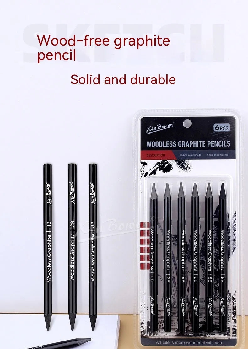 Set of six wood-free graphite sketching pencils with grades HB 2B 4B 6B 8B EE for art.