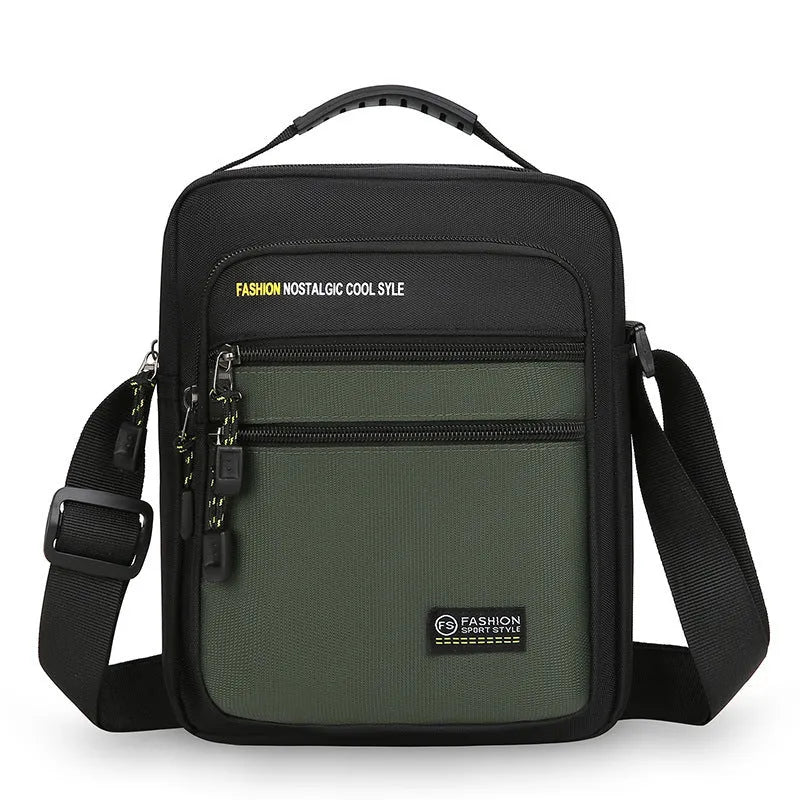 Men's solid colour nylon crossbody bag shown in green, black, dark blue, and gray options.