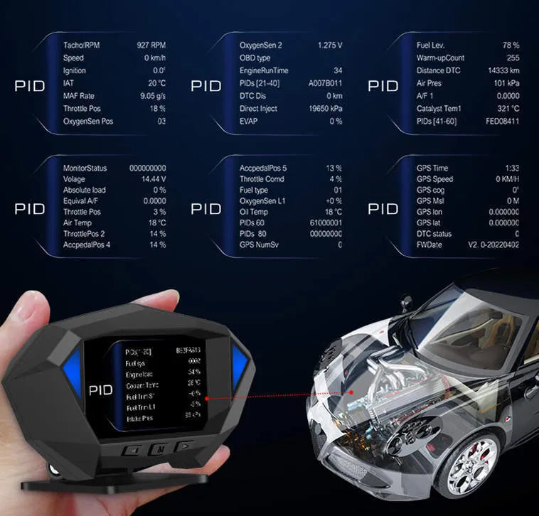 P1 model black vehicle head-up display unit with LCD screen, OBD cable, and anti-slip pad.
