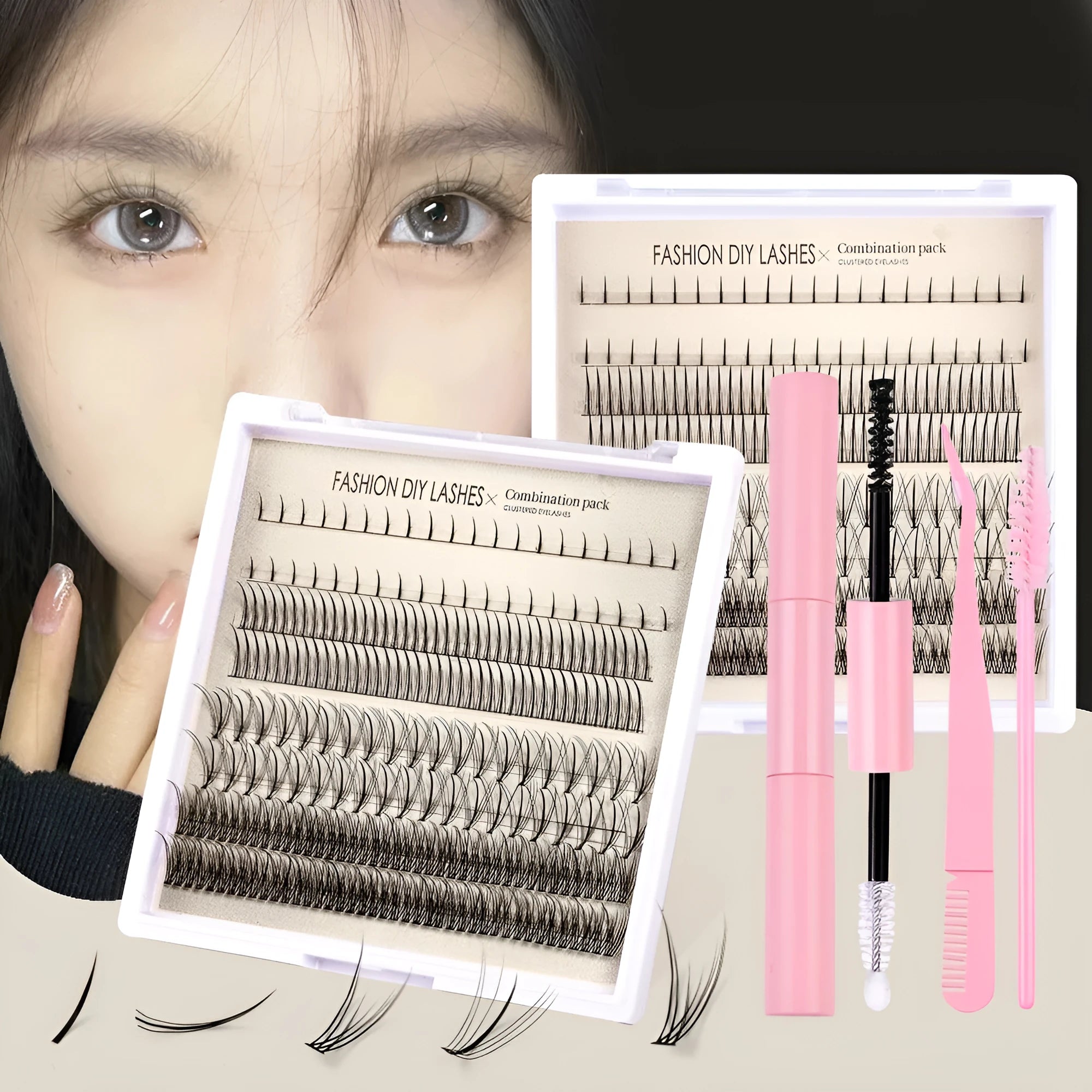 DIY false eyelash kit showing segmented cluster lashes, pink and black glue bottles, tweezers, and a brush applicator on a clean surface.