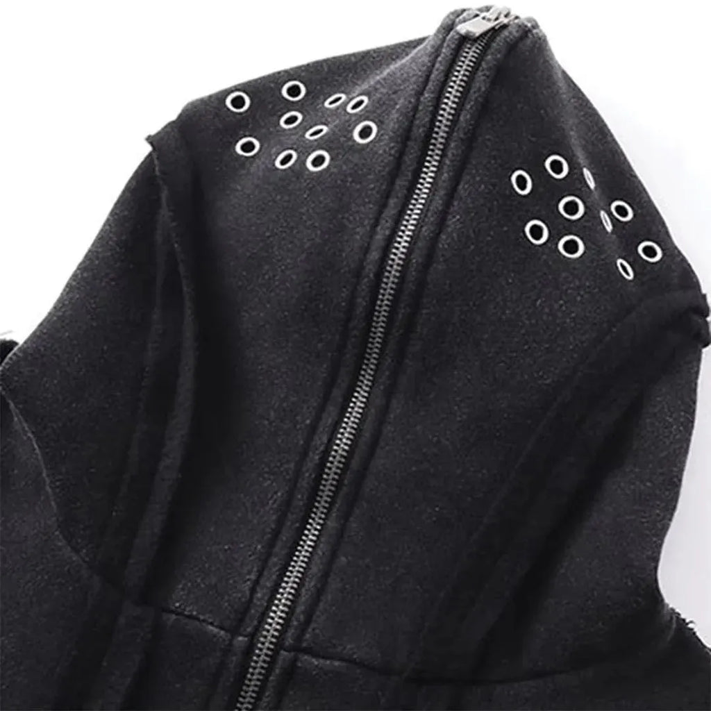 Black retro loose zip hooded padded coat with an abstract pattern