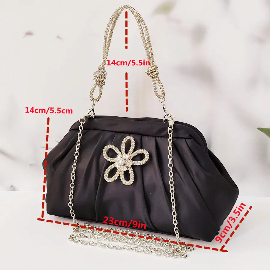 Women's soft polyester large-capacity dinner bag in shell shape with chain accents and diamond patterns.