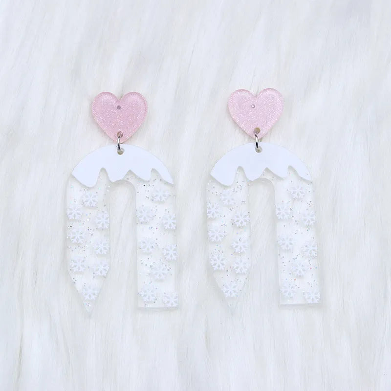 Christmas ear studs in acrylic with geometric shape and printed snowflake design, 6.5x3.1cm