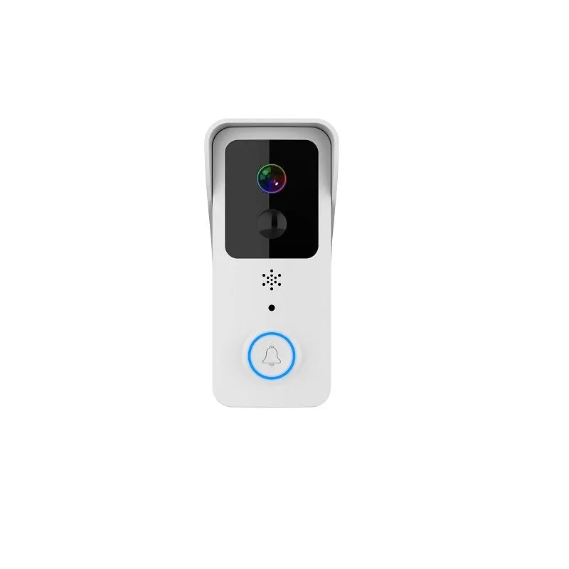 Smart home waterproof visual doorbell with camera and 18650 battery, shown in black and white doodle board designs.