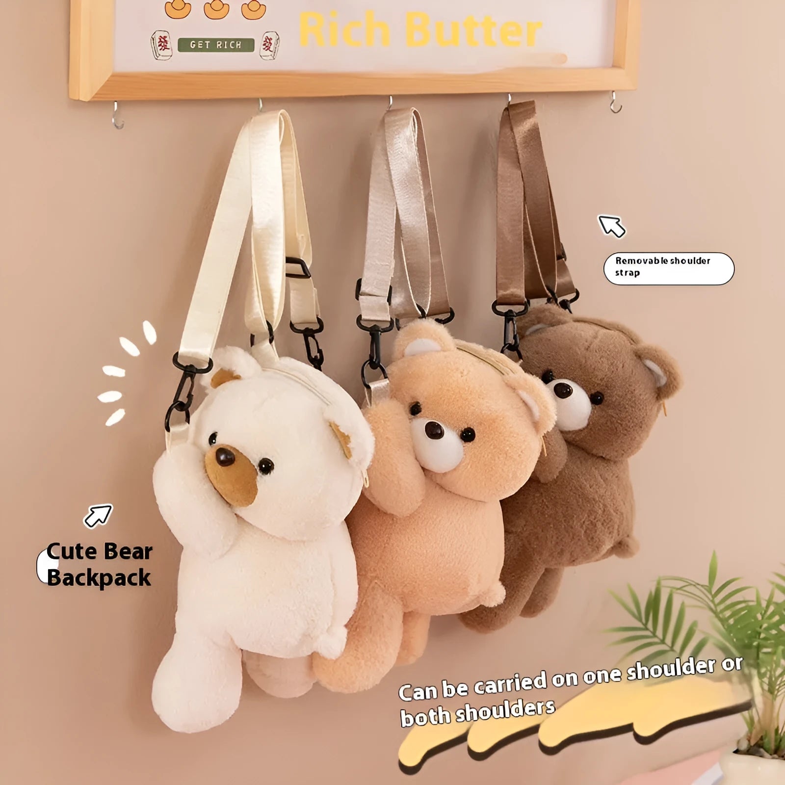 Cartoon bear lying plush doll crossbody bag in beige with airpillow strap