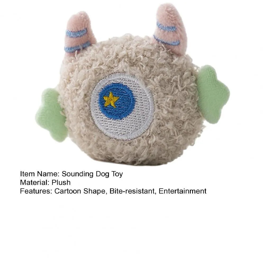 Cartoon-shaped plush dog chew toy with large eyes and squeaky sound feature