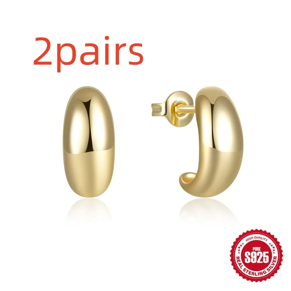 925 sterling silver C-shaped stud earring with electroplated glossy gold finish geometric ringstud design