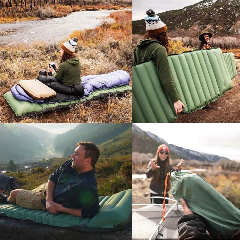 Portable inflatable camping mattress in spring rain grey colour, shown with dimensions 195x70x10 cm.