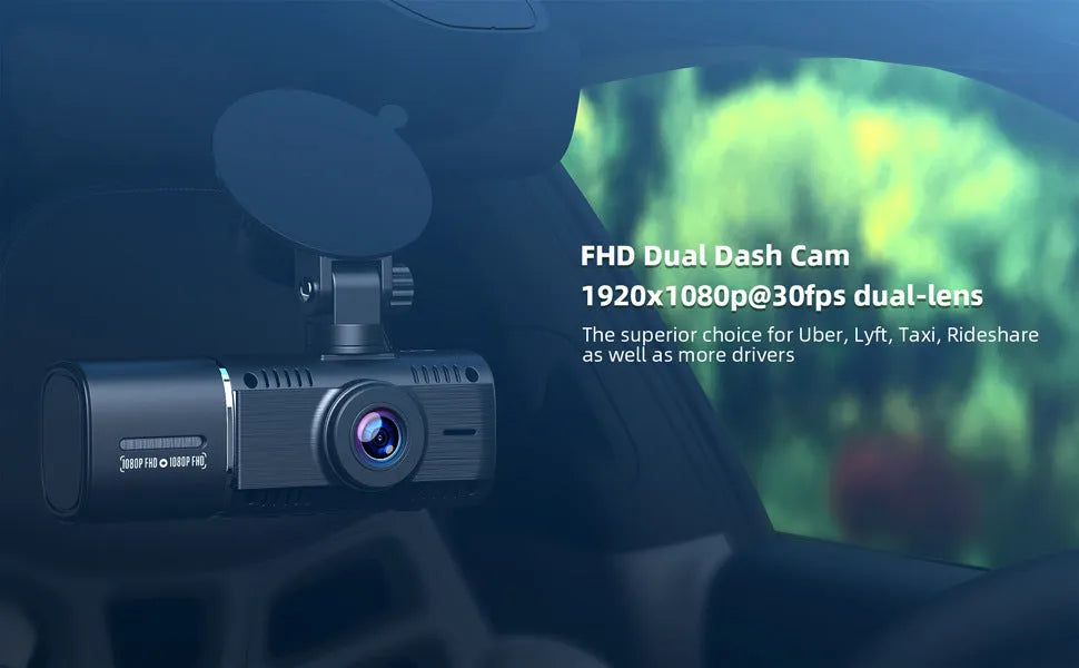 Standard black 1080p dashcam car camera with screen, shown with car charger and stand.