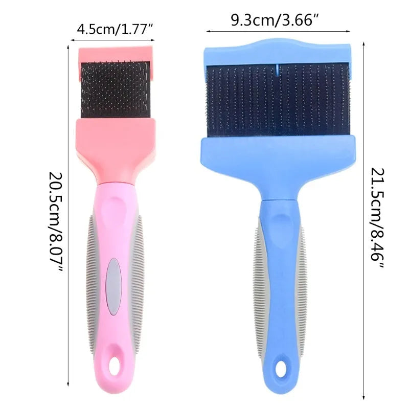 Blue double-sided pet brush with stainless steel pins on a white background