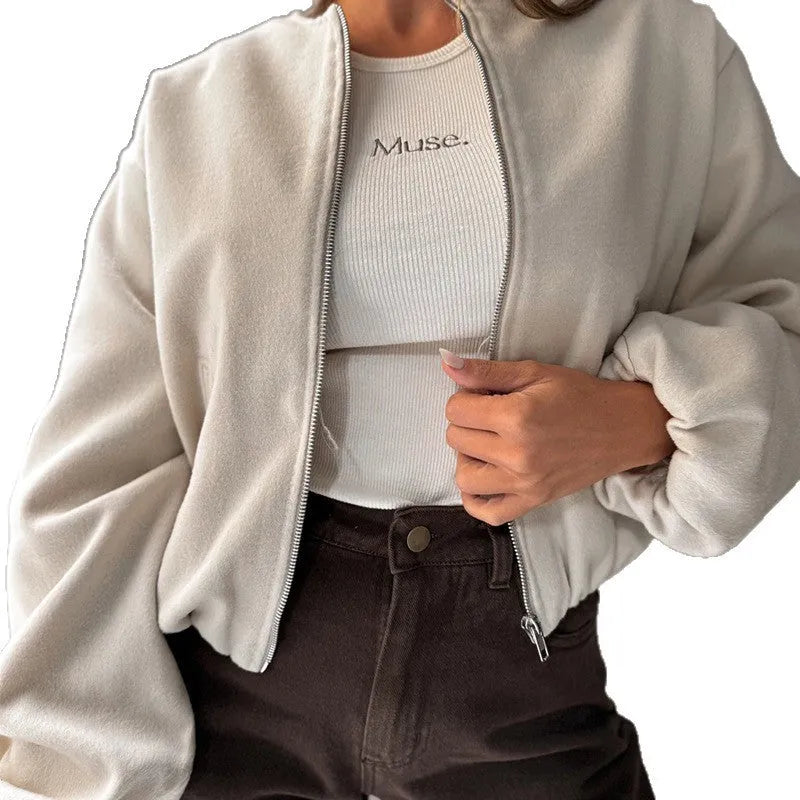 Women's brown loose fit off-shoulder short coat with full lantern sleeves and front pockets