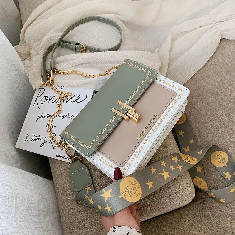 Women's wide strap crossbody bag in Matcha Green PU material with contrast colour details for leisure travel