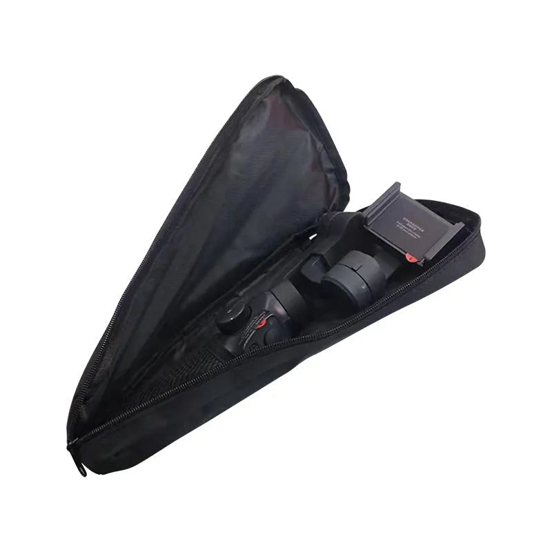Black cloth zippered storage bag for a mobile phone stabilizer and camera accessories.