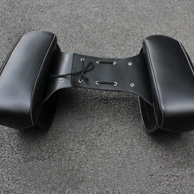 Retro style black PU leather motorcycle side box mounted on a bike.
