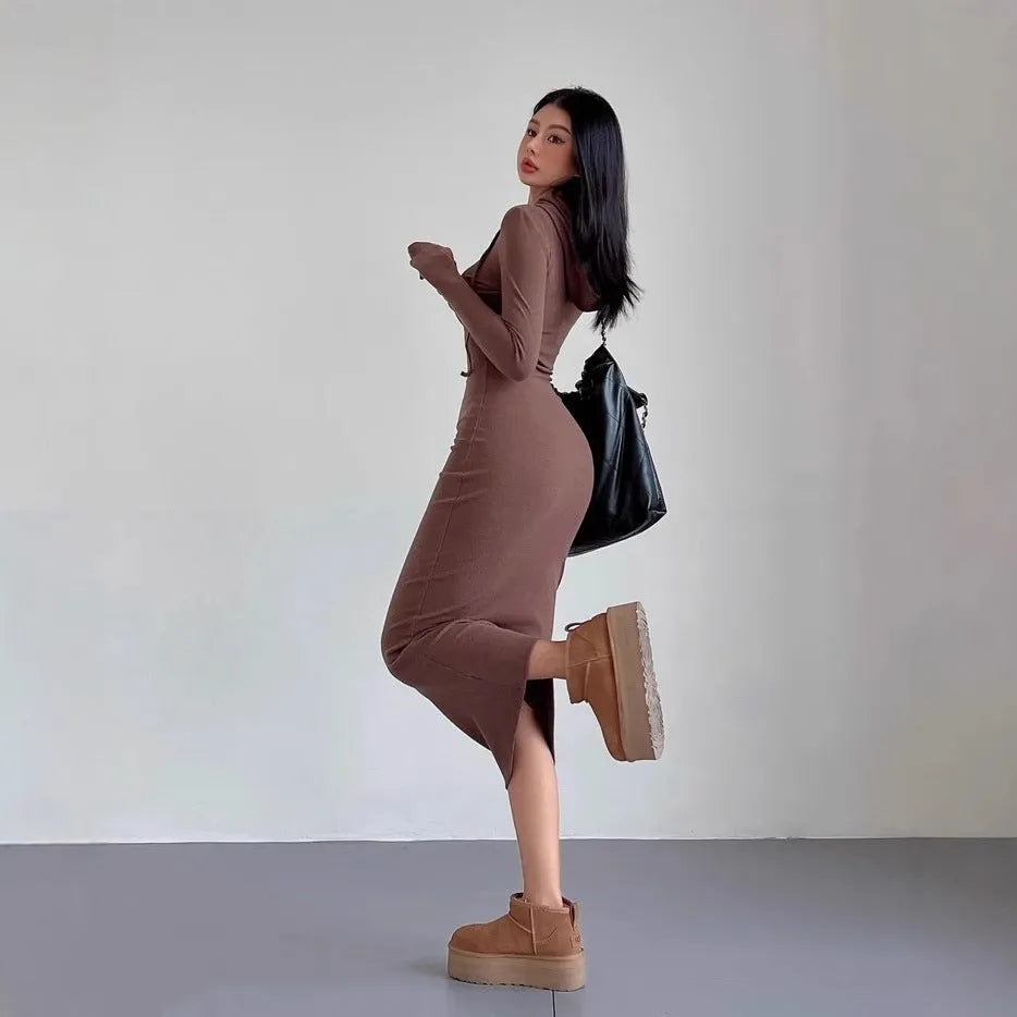 Women's grey hooded long sleeve sheath dress with an over-the-knee length
